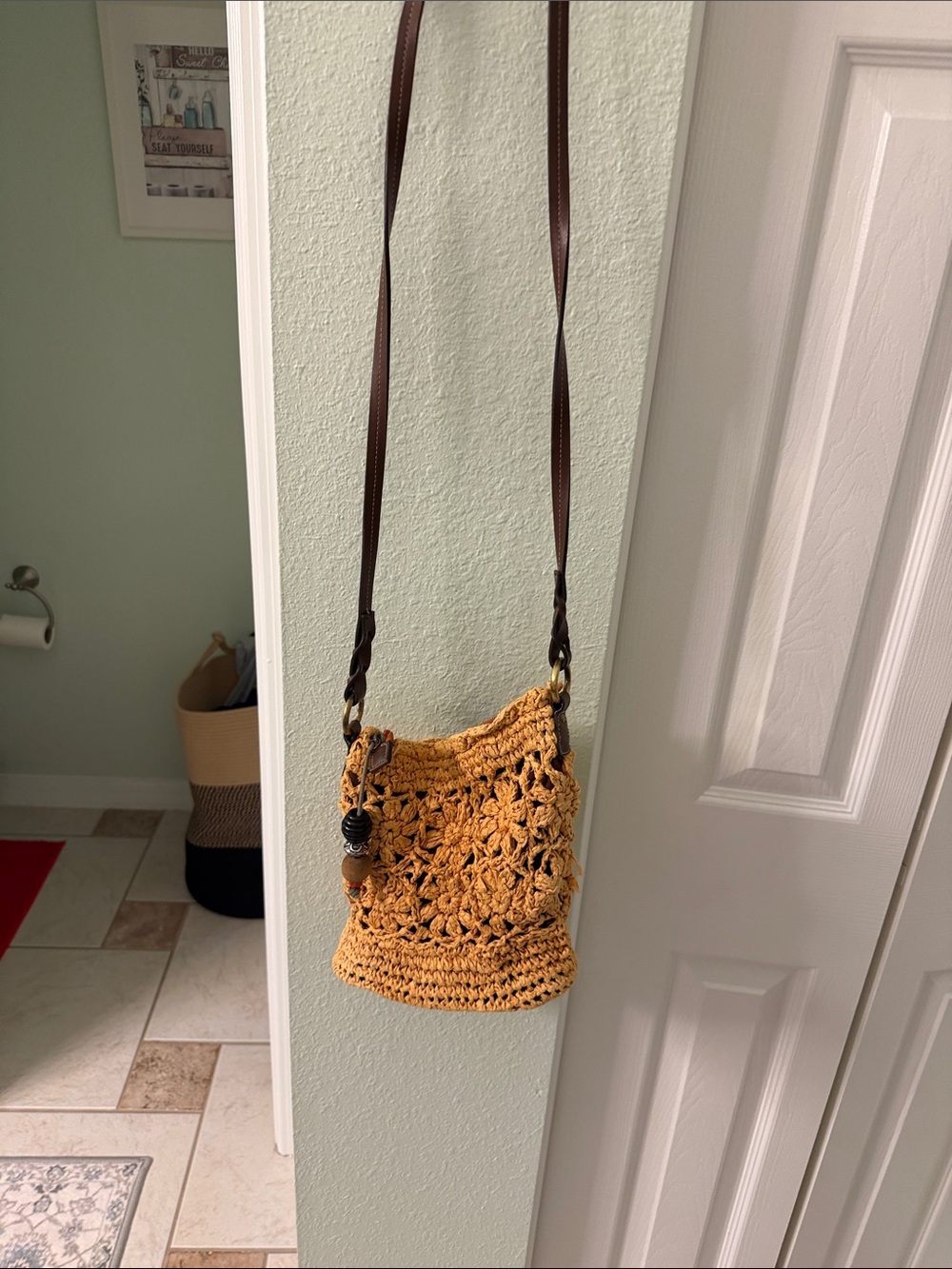 Boho Crochet Crossbody Bag in Mustard Yellow with Brown Strap